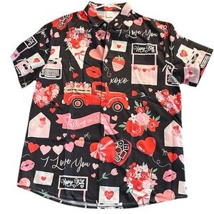 🟢 3/$30 Valentine’s Day button down shirt heart flowers love theme graphics